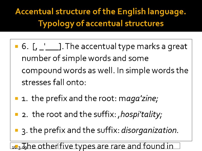 16.3.09 Accentual structure of the English language. Typology of accentual structures 6.  [,